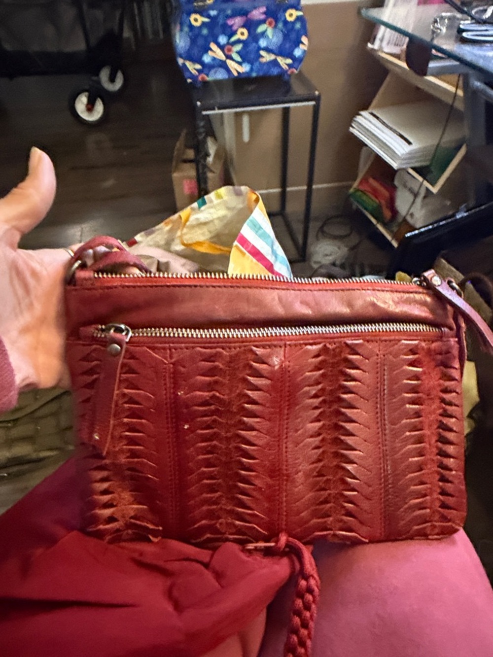 latico Red Woven Leather Crossbody with Front Zip